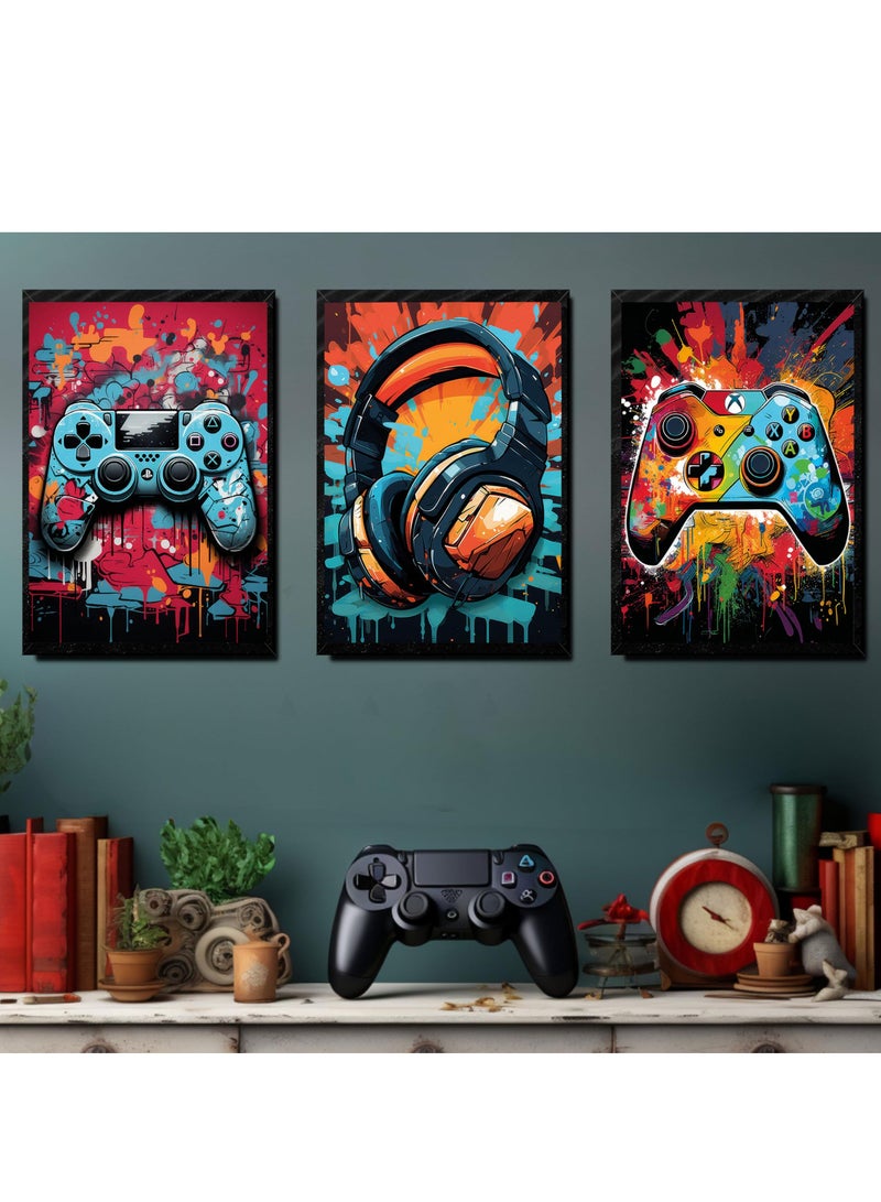 Excefore Gaming Wall Art, Retro Video Game Watercolor Posters, Cool Colorful Neon Gamepad Canvas Painting Prints for Boys Room, Kids Game Room, Bedroom Home Decoration, 12x16in, Unframed, 3Pcs - Image 3