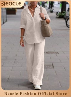 REOCLE Women's 2 Piece Outfit Linen Lapel Long Sleeve Shirt & Wide Leg Pants Sets Spring Autumn Casual Solid Color Loungewear  - Image 1