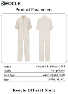 REOCLE Women's 2 Piece Outfit Linen Lapel Long Sleeve Shirt & Wide Leg Pants Sets Spring Autumn Casual Solid Color Loungewear  - Image 5