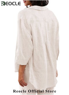 REOCLE Women's 2 Piece Outfit Linen Lapel Long Sleeve Shirt & Wide Leg Pants Sets Spring Autumn Casual Solid Color Loungewear  - Image 3