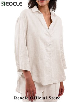 REOCLE Women's 2 Piece Outfit Linen Lapel Long Sleeve Shirt & Wide Leg Pants Sets Spring Autumn Casual Solid Color Loungewear  - Image 2