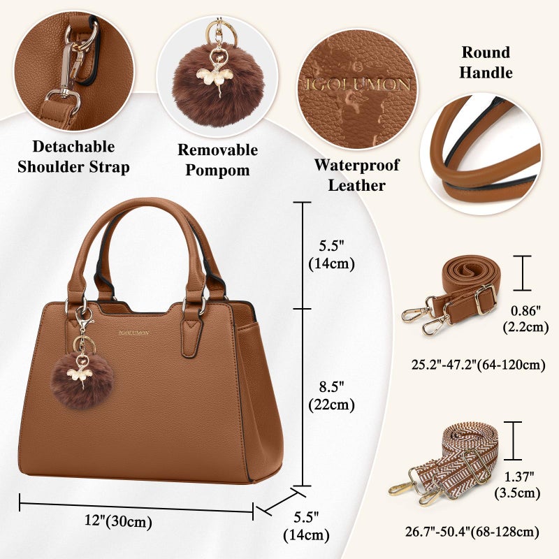 IGOLUMON Women's Top-Handle Handbags Vegan Leather Purses for Women Designer Tote Purse and Handbag with Cute Pompom Satchel Bags for Women Ladies Waterproof Shoulder Bag Crossbody Fashion Brown - Image 4