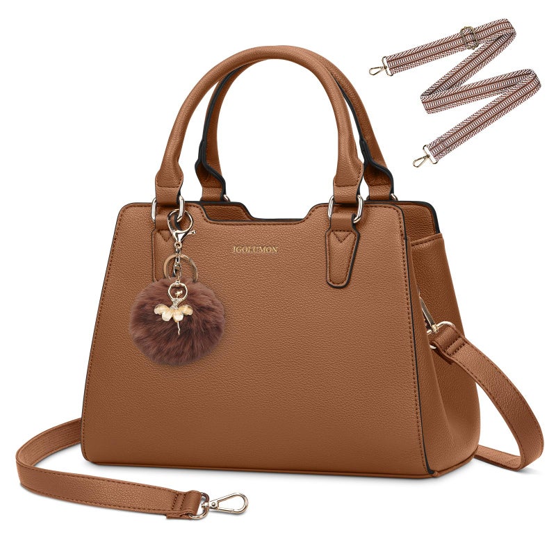 IGOLUMON Women's Top-Handle Handbags Vegan Leather Purses for Women Designer Tote Purse and Handbag with Cute Pompom Satchel Bags for Women Ladies Waterproof Shoulder Bag Crossbody Fashion Brown - Image 1