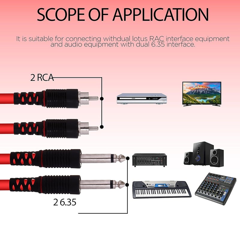 HAKUHO كابل صوت 2 جاك 6.35 مم 1/4 بوصة جاك ذكر إلى 2 RCA جاك ذكر لنظام المسرح المنزلي مكبر الصوت سماعة خلط مكبر صوت (أحمر/10 متر) - Image 5