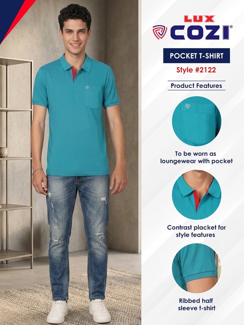 Lux Cozi Men's Half Sleeve Soild Casual T-Shirt with Chest Pocket_COZI_2122_SGN_4XL_1PC Sea Green - Image 2