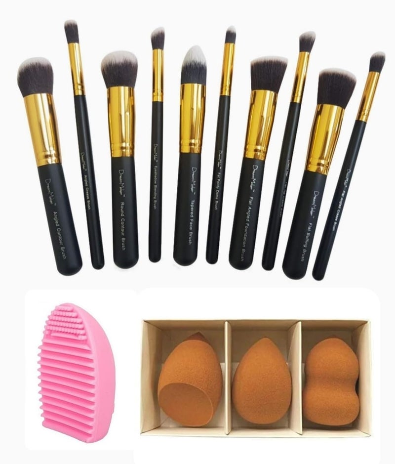 Dream Maker Combo of Dream Maker 10 Piece Makeup Brush Set  3 Makeup BlendersSponges  Brush Cleaning Egg Kabuki Foundation Eyeshadow Blending Buffing Contour Face Brush Without Pouch BlackGold - Image 1