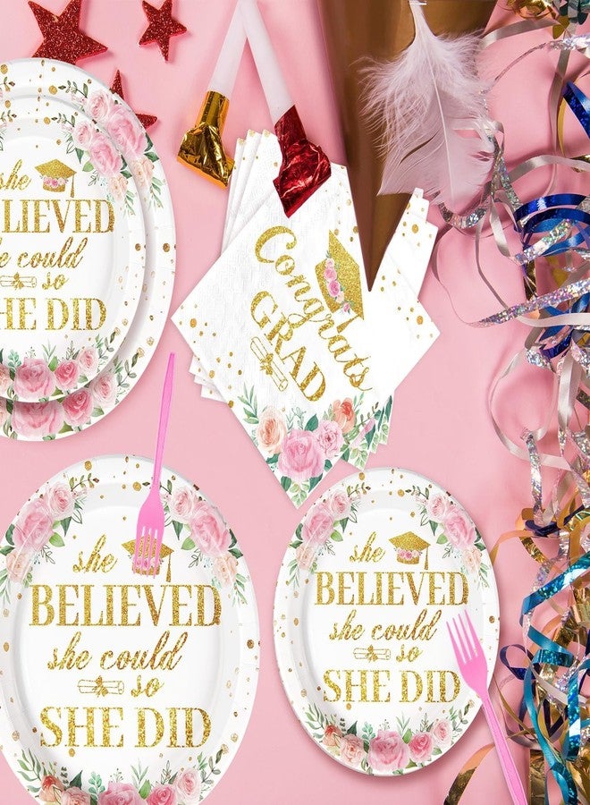 Grencian 96Pcs Pink Graduation Decorations Class of 2026 Disposable Floral Congrats Grad Plates and Napkins She Believed She Could so She Did Tableware Set for Women Graduation Prom Party Supplies Serves 24 - Image 5