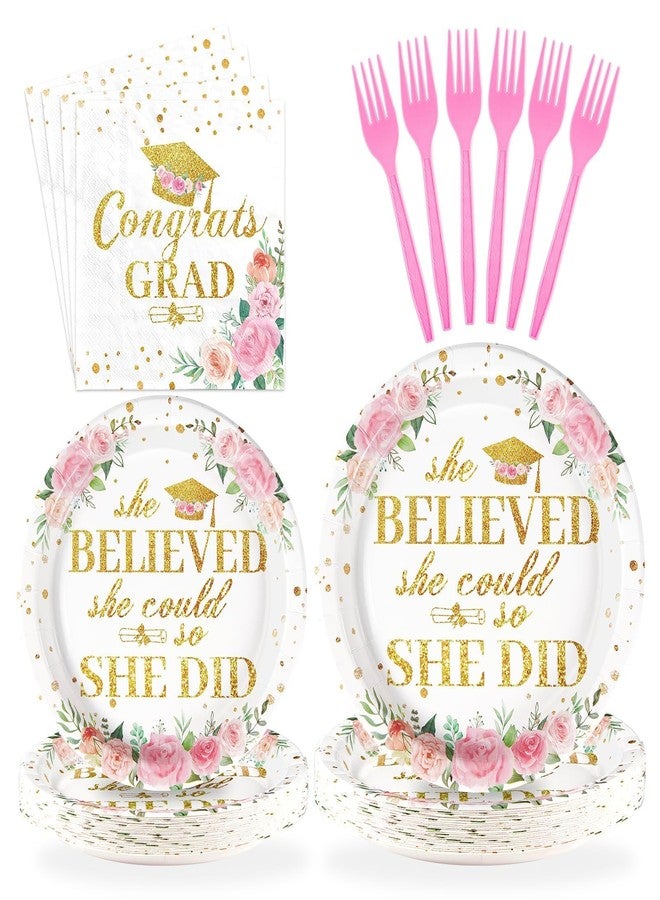Grencian 96Pcs Pink Graduation Decorations Class of 2026 Disposable Floral Congrats Grad Plates and Napkins She Believed She Could so She Did Tableware Set for Women Graduation Prom Party Supplies Serves 24 - Image 1