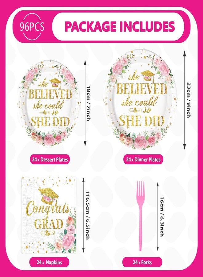 Grencian 96Pcs Pink Graduation Decorations Class of 2026 Disposable Floral Congrats Grad Plates and Napkins She Believed She Could so She Did Tableware Set for Women Graduation Prom Party Supplies Serves 24 - Image 4