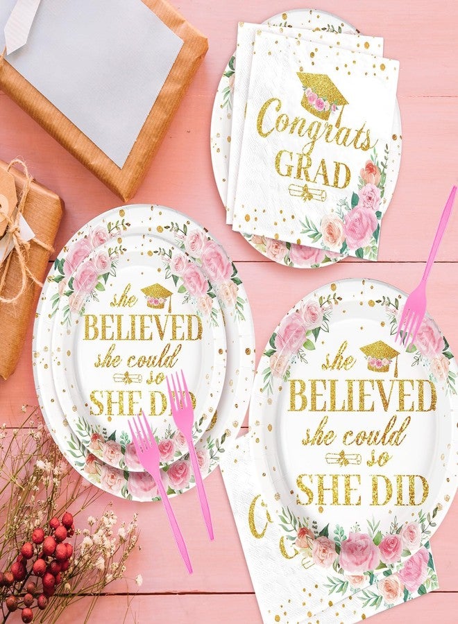 Grencian 96Pcs Pink Graduation Decorations Class of 2026 Disposable Floral Congrats Grad Plates and Napkins She Believed She Could so She Did Tableware Set for Women Graduation Prom Party Supplies Serves 24 - Image 2