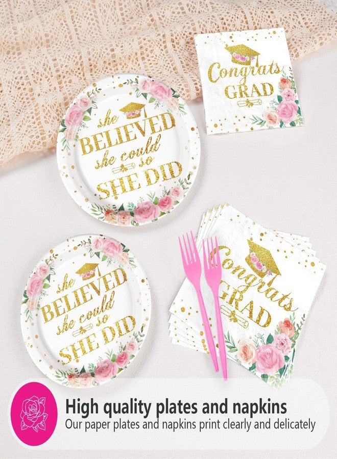 Grencian 96Pcs Pink Graduation Decorations Class of 2026 Disposable Floral Congrats Grad Plates and Napkins She Believed She Could so She Did Tableware Set for Women Graduation Prom Party Supplies Serves 24 - Image 3