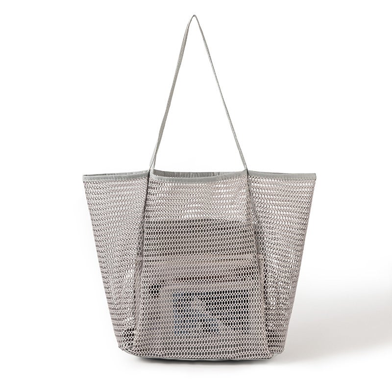 Multi-functional Casual Large Shoulder Shopping Bag Outdoor Swimming Beach Bag Breathable Visual Mesh Tote Bag Storage Bag Grey 