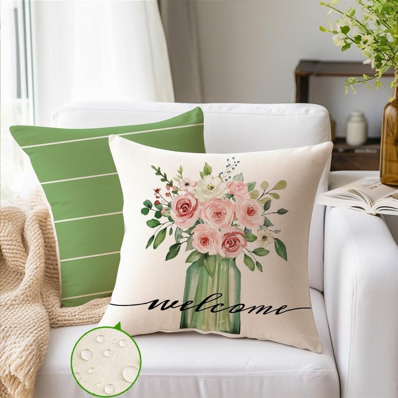 RABUSOFA Spring Pillow Covers 18x18 Inch Set of 4 Waterproof Outdoor Spring Decorations for Home,Green Farmhouse Decor Throw Decorative Pillows for Couch Patio - Image 2