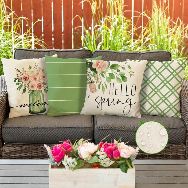 RABUSOFA Spring Pillow Covers 18x18 Inch Set of 4 Waterproof Outdoor Spring Decorations for Home,Green Farmhouse Decor Throw Decorative Pillows for Couch Patio - Image 3
