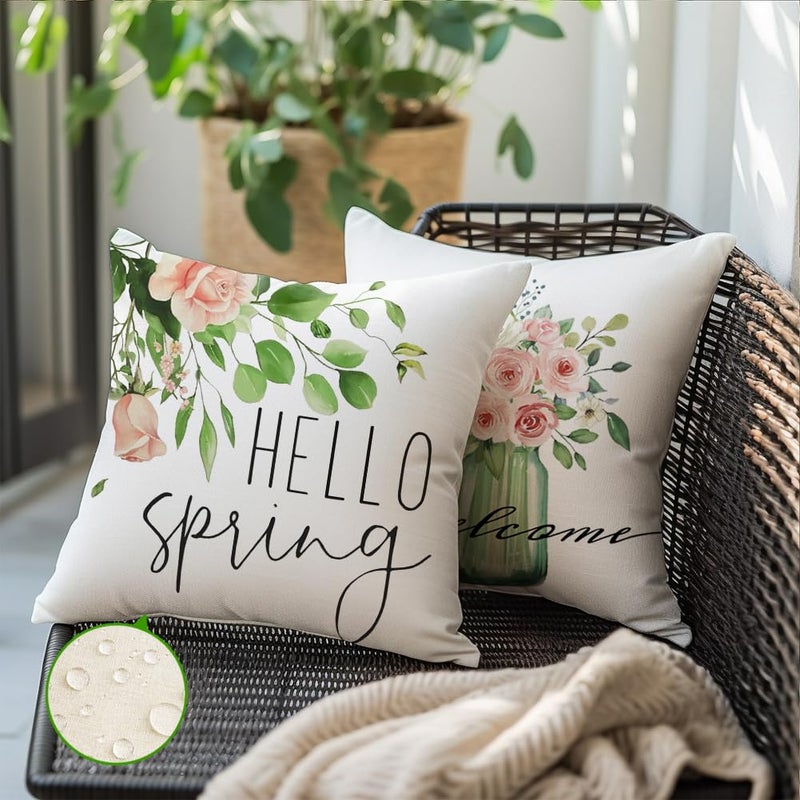 RABUSOFA Spring Pillow Covers 18x18 Inch Set of 4 Waterproof Outdoor Spring Decorations for Home,Green Farmhouse Decor Throw Decorative Pillows for Couch Patio - Image 4