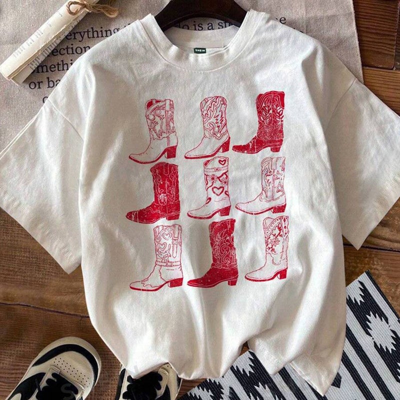 Pure Cotton Size Western Denim Retro Boots Printed T-Shirt Women Summer Round Neck Short Sleeve - Image 2