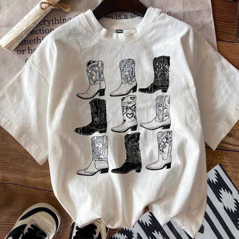Pure Cotton Size Western Denim Retro Boots Printed T-Shirt Women Summer Round Neck Short Sleeve - Image 1