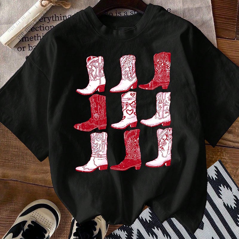 Pure Cotton Size Western Denim Retro Boots Printed T-Shirt Women Summer Round Neck Short Sleeve - Image 4