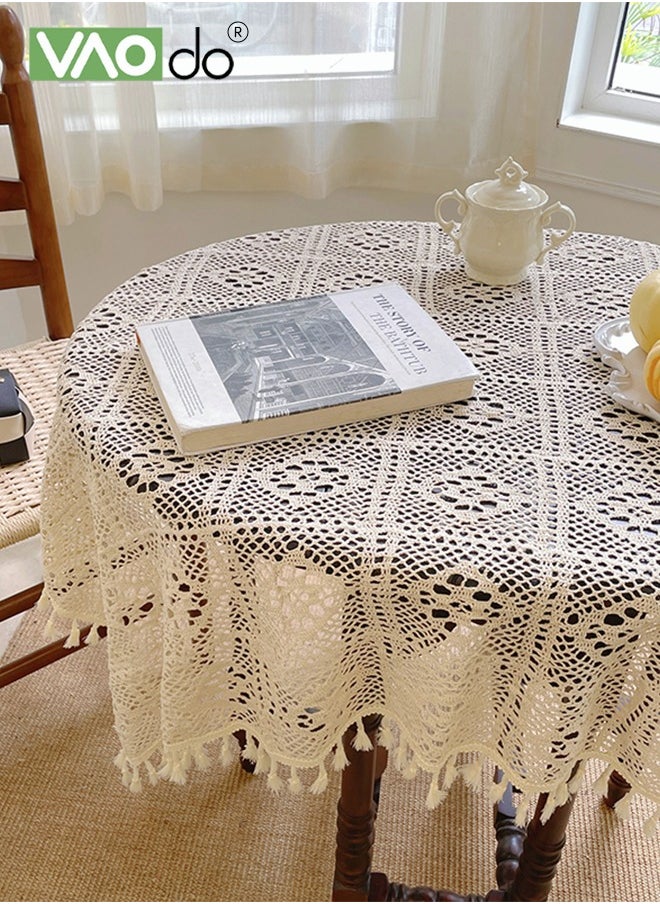 VAOdo - Rustic Tablecloth Crochet Cutout Tassel Placemats For Coffee Table Dining Table Wedding Party Decoration Etc 140*140 CM Beige - Image 1