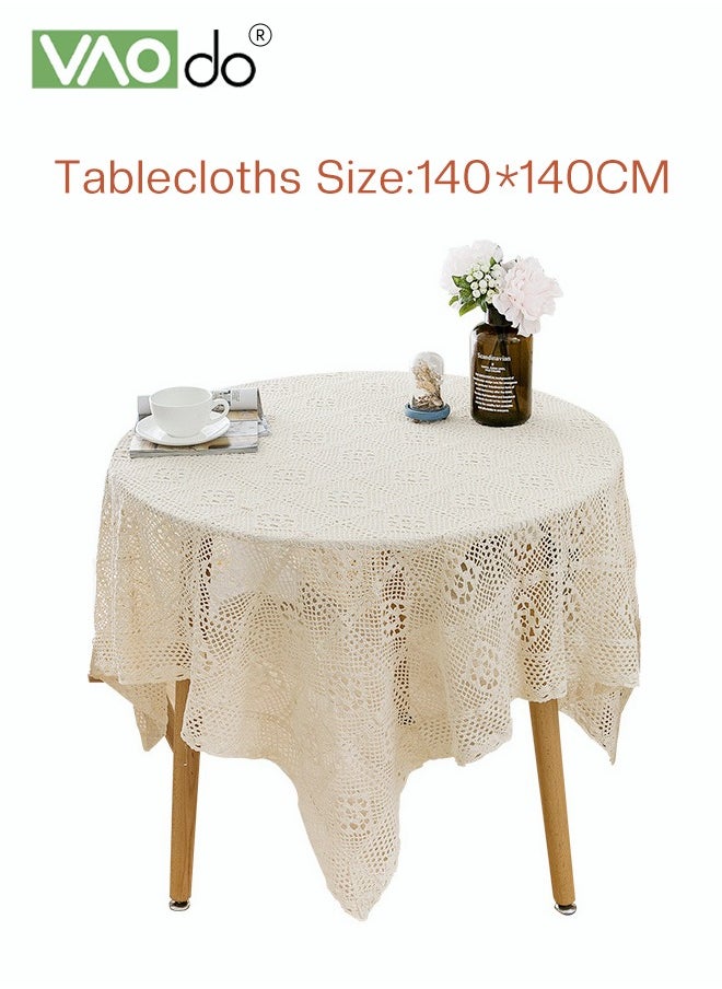 VAOdo - Rustic Tablecloth Crochet Cutout Tassel Placemats For Coffee Table Dining Table Wedding Party Decoration Etc 140*140 CM Beige - Image 1