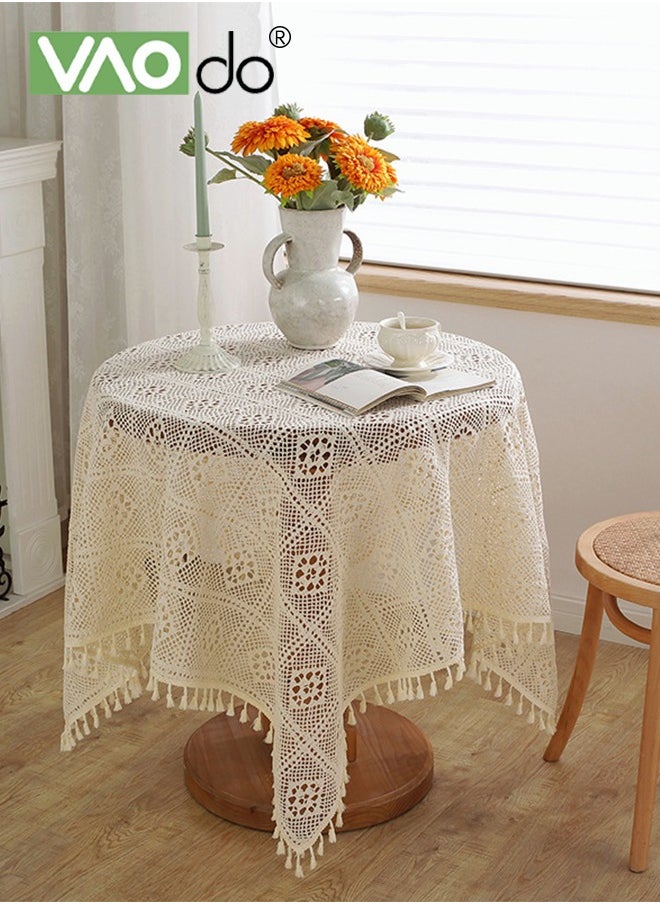 VAOdo - Rustic Tablecloth Crochet Cutout Tassel Placemats For Coffee Table Dining Table Wedding Party Decoration Etc 140*140 CM Beige - Image 1