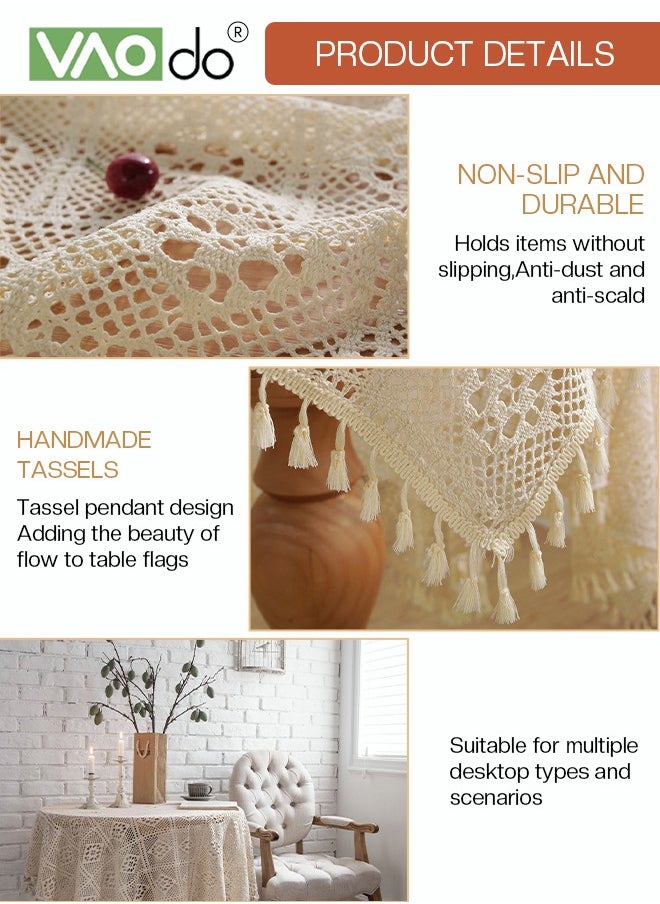 VAOdo - Rustic Tablecloth Crochet Cutout Tassel Placemats For Coffee Table Dining Table Wedding Party Decoration Etc 140*140 CM Beige - Image 1