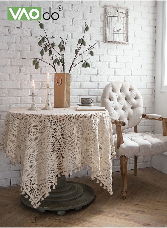 VAOdo - Rustic Tablecloth Crochet Cutout Tassel Placemats For Coffee Table Dining Table Wedding Party Decoration Etc 140*140 CM Beige - Image 1