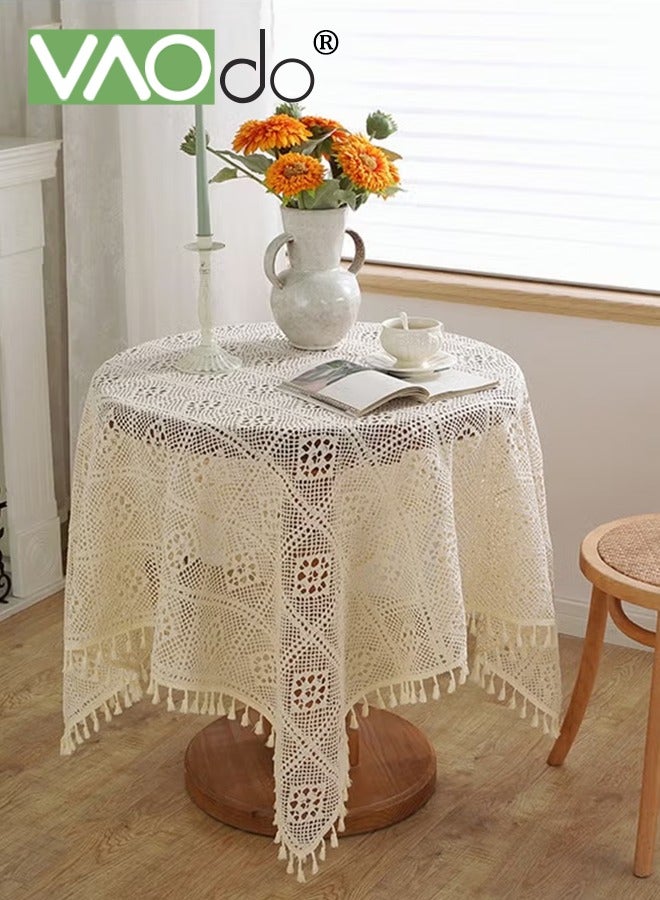 Rustic Tablecloth Crochet Cutout Tassel Placemats For Coffee Table Dining Table Wedding Party Decoration Etc 140*140 CM Beige