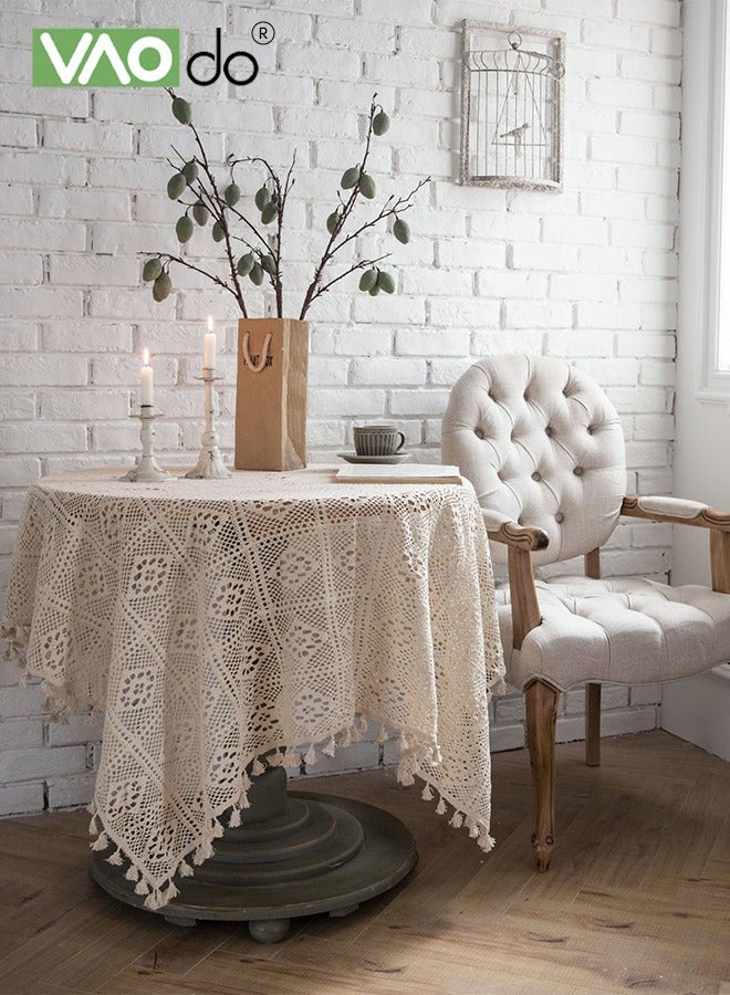 Rustic Tablecloth Crochet Cutout Tassel Placemats For Coffee Table Dining Table Wedding Party Decoration Etc 140*140 CM Beige