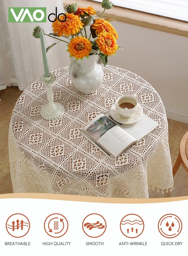 Rustic Tablecloth Crochet Cutout Tassel Placemats For Coffee Table Dining Table Wedding Party Decoration Etc 140*140 CM Beige