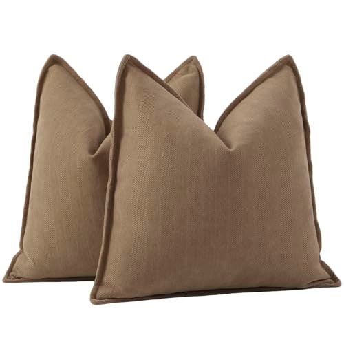 MADIZZ Textured Chenille Euro Sham Pillow Covers Pack of 2 Natural Soft Decorative Accent Pillowcases Boho Neutral Couch Throw Pillow for Bed Home Decor for Sofa Livingroom 26x26 inch Brown - Image 1