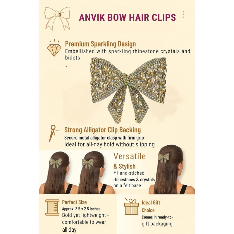 ANVIK Hair Bow Clips for Women | Crystal Bow Clip | Bow Barrette Clip | Alligators Bow Clips | Fancy Hair Clips | Hair Accessories for Women - Image 4