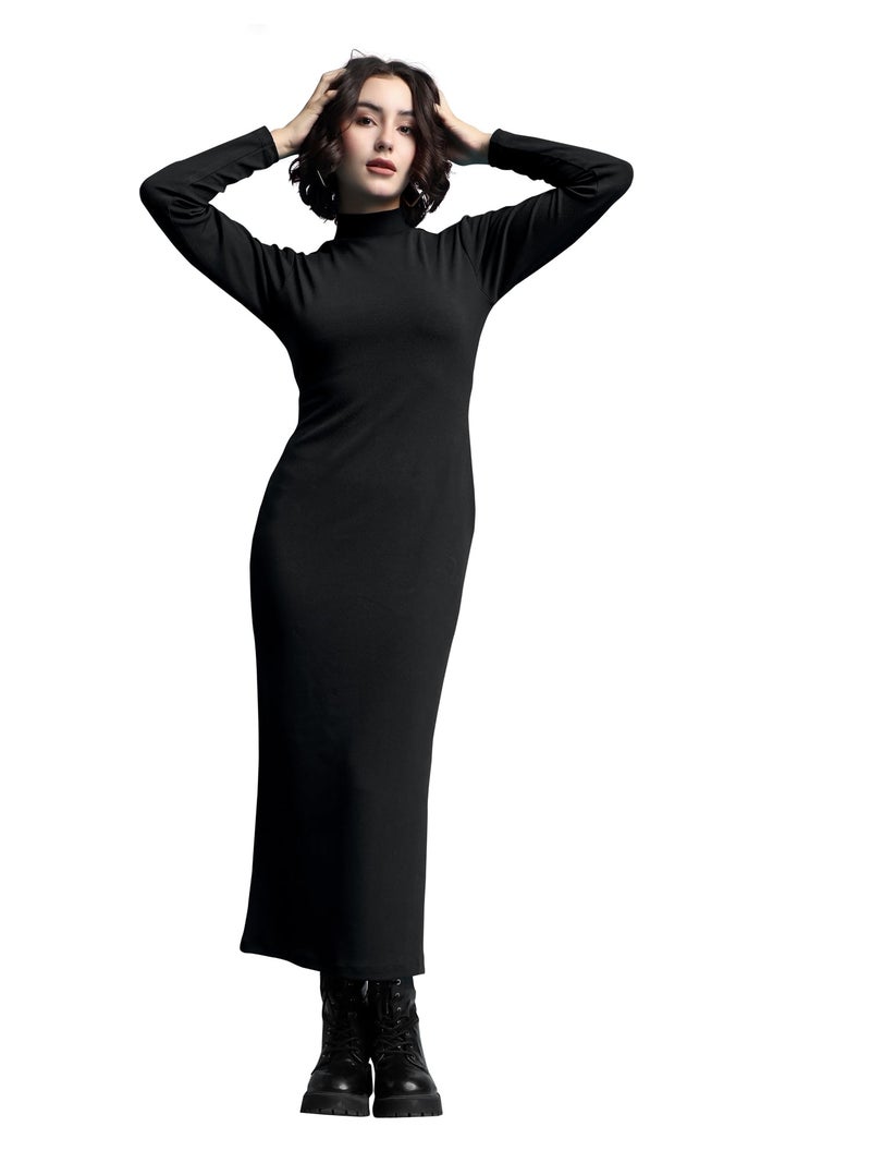 PURVAJA Women's Bodycon Black Midi Full Sleeve Turtle Neck Solid Dress (Ruby-738-Black-L) - Image 5