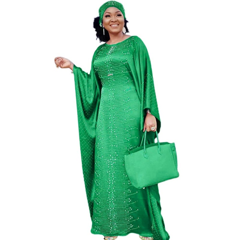HD African Dress for Women Beading Rhinestone Kaftan Maxi Dress Green One Size Fit All - Image 1
