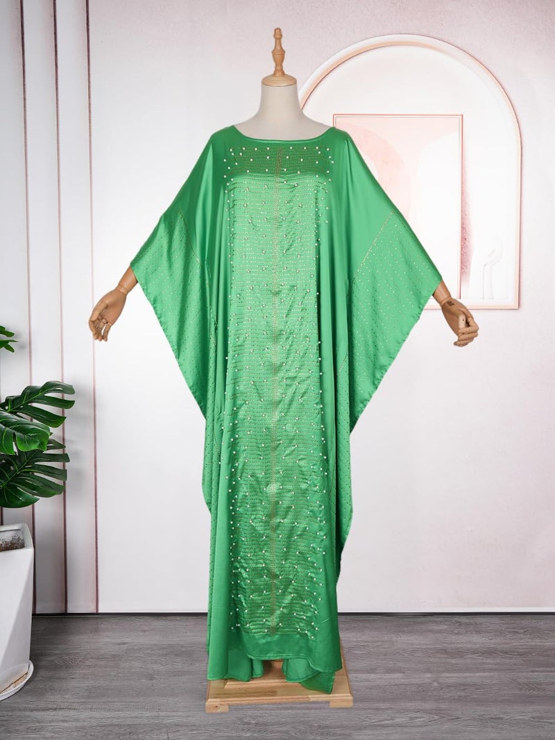 HD African Dress for Women Beading Rhinestone Kaftan Maxi Dress Green One Size Fit All - Image 5