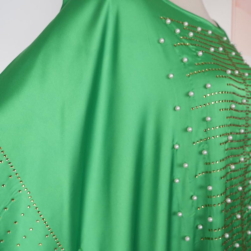 HD African Dress for Women Beading Rhinestone Kaftan Maxi Dress Green One Size Fit All - Image 2