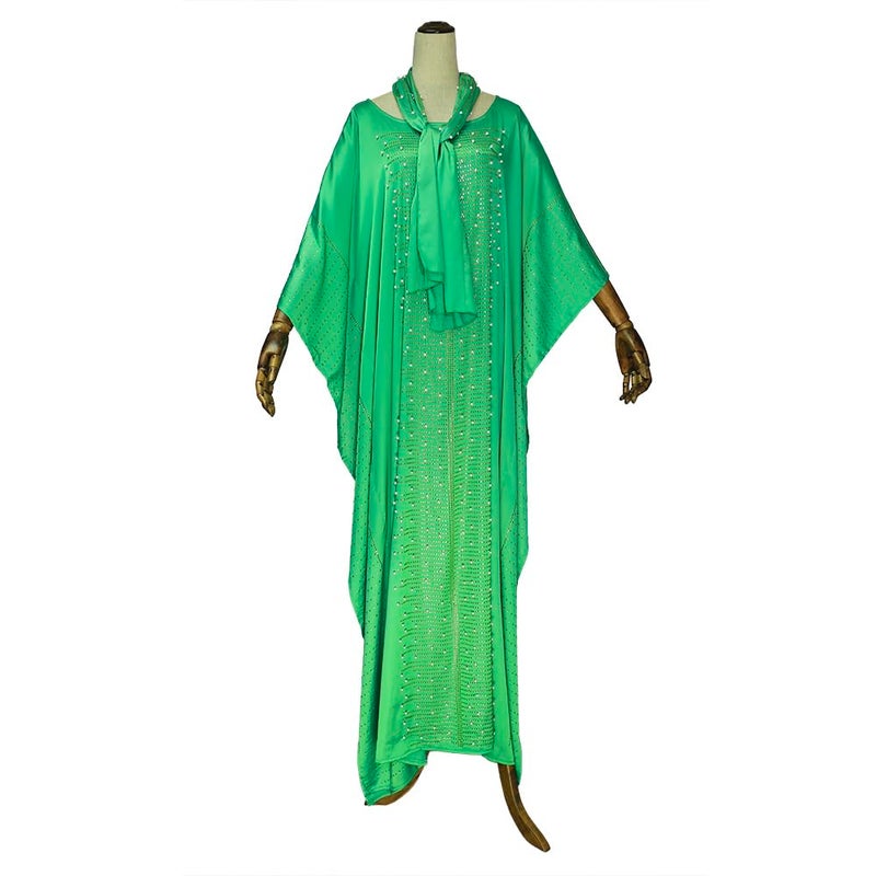 HD African Dress for Women Beading Rhinestone Kaftan Maxi Dress Green One Size Fit All - Image 4