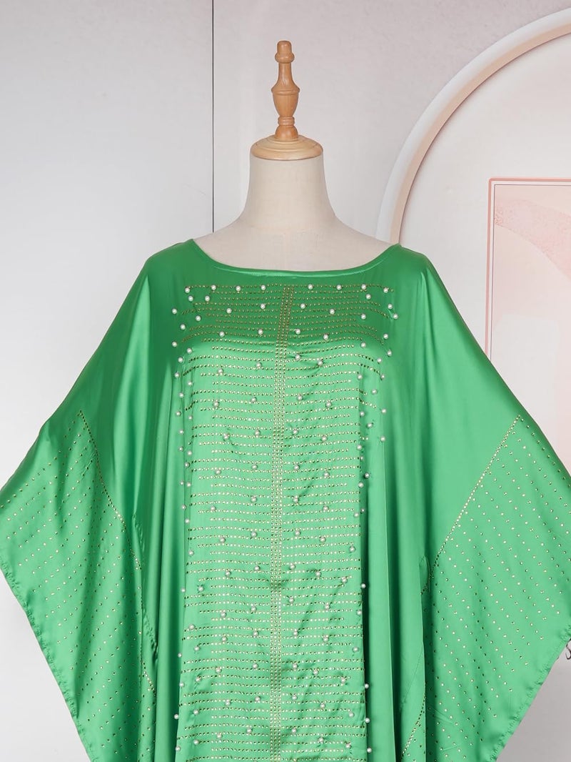 HD African Dress for Women Beading Rhinestone Kaftan Maxi Dress Green One Size Fit All - Image 3