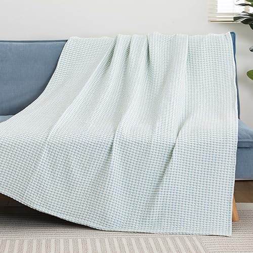 EGOHOME 100% Cotton Throw Blanket for Couch,Cotton Waffle Weave Blanket for All Seasons,Soft Lightweight Breathable Jacquard Dual-Tone Textured Blanket-Angel Falls Blue,50 x 60 Inches - Image 5