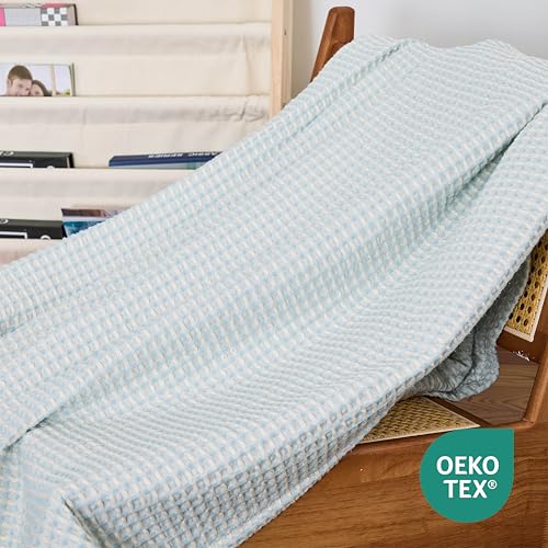 EGOHOME 100% Cotton Throw Blanket for Couch,Cotton Waffle Weave Blanket for All Seasons,Soft Lightweight Breathable Jacquard Dual-Tone Textured Blanket-Angel Falls Blue,50 x 60 Inches - Image 4