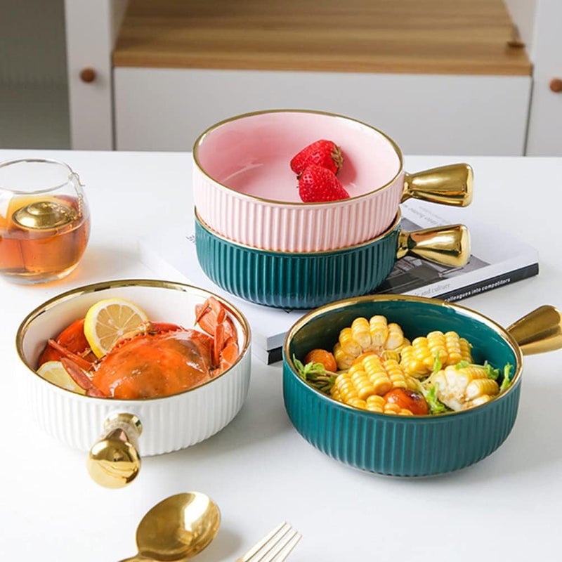 Modern Porcelain Casserole Bowl with Gold Handle & Ribbed Finish, Elegant Serving Dish for Soup, Stew & Baking, Oven Safe Dinnerware for Home Kitchen & Table Use