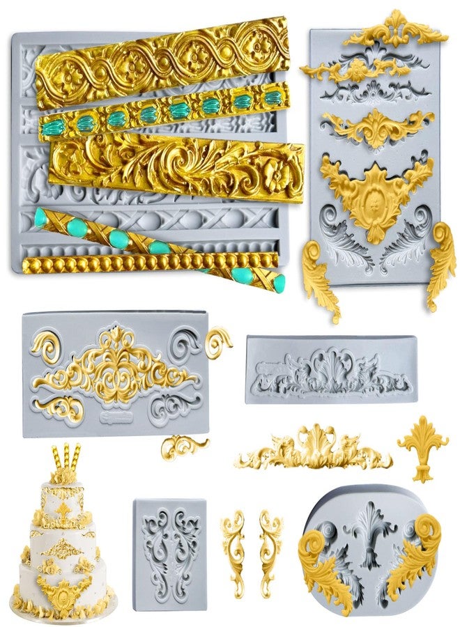 Acxydm 6PCS Baroque Silicone Molds,Acxydm Baroque Fondant Border Mold,Barock Relief Clay Mould,Scroll Silicone Lace Chocolate Molds,Filigree Mould Lace for Wedding Cake Decorating(Gray) - Image 1