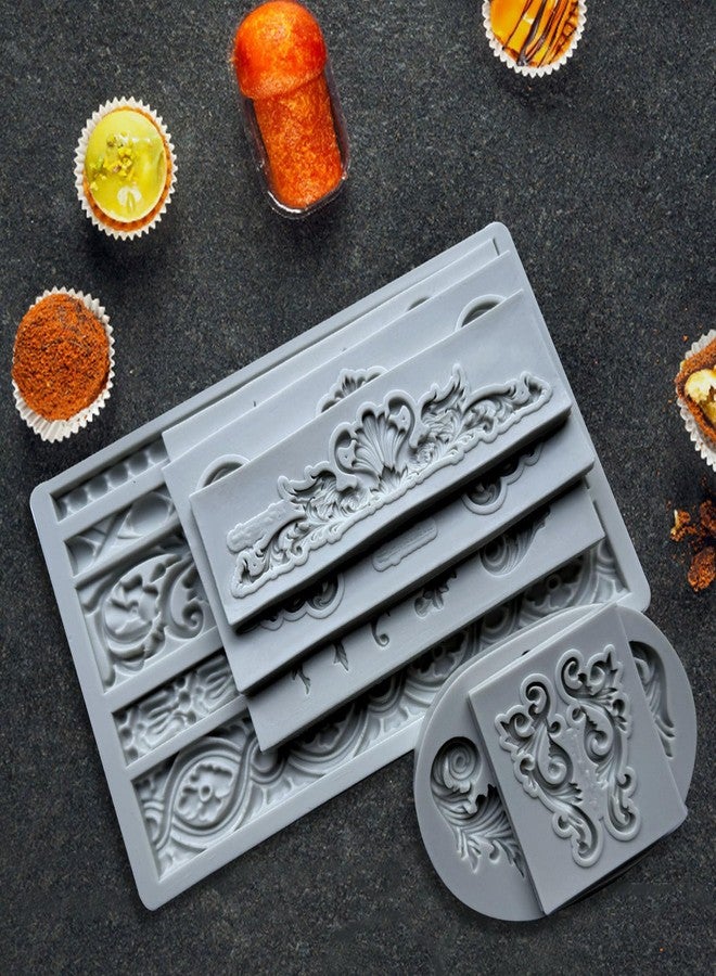 Acxydm 6PCS Baroque Silicone Molds,Acxydm Baroque Fondant Border Mold,Barock Relief Clay Mould,Scroll Silicone Lace Chocolate Molds,Filigree Mould Lace for Wedding Cake Decorating(Gray) - Image 3