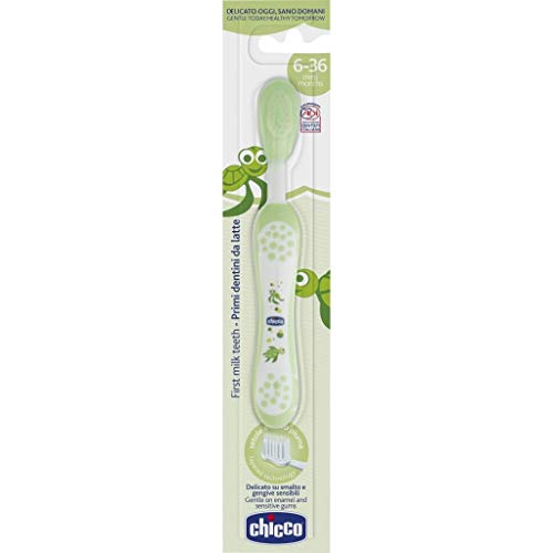 Chicco Toothbrush with Anti-slip proof handle grip | Feather like special tapered bristles for baby's teeth (Green) | Item weight - 15 gms - Image 1