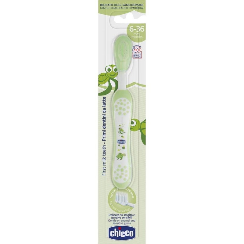 Chicco Toothbrush with Anti-slip proof handle grip | Feather like special tapered bristles for baby's teeth (Green) | Item weight - 15 gms - Image 2
