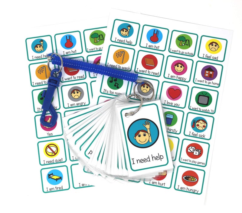 kids2learn مجموعة بطاقات التواصل للأطفال ذوي الاحتياجات الخاصة من kids2learn - مجموعة من 24 بطاقة فلاش، 2 ملصق عن المشاعر والأحاسيس وحبل مرن - للأطفال غير اللفظيين والشباب الذين يعانون من التوحد ADHD تأخر الكلام الإيكولاليا - Image 1