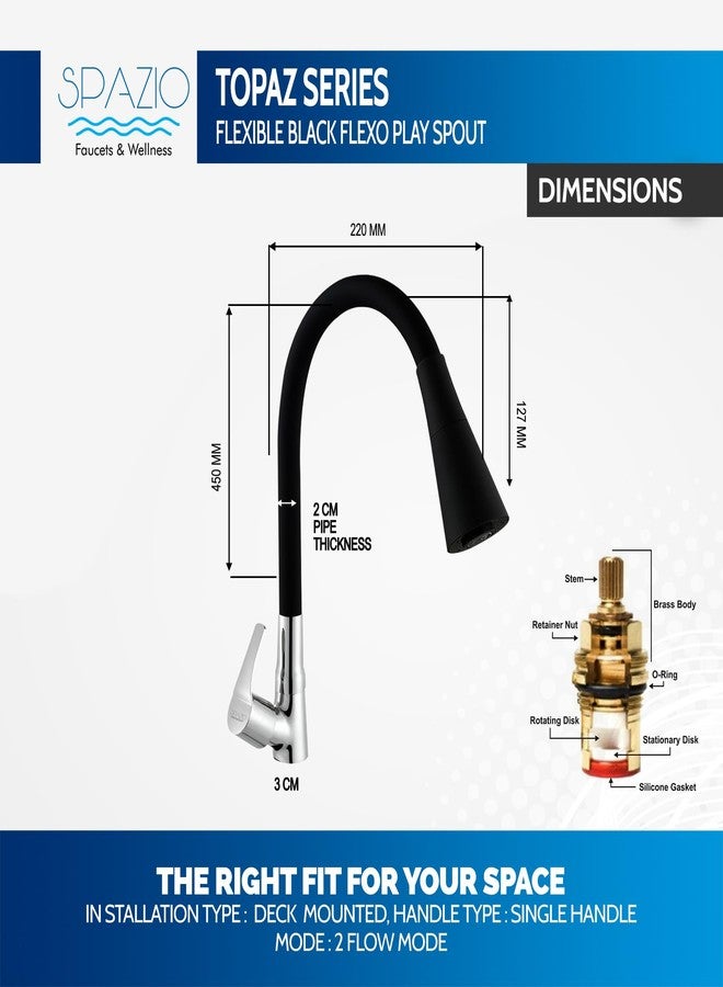 Spazio Brass Topaz Swan Neck - Flxo Play With 360 Degree Flexible Black Silicon Swivel Spout & Dual Flow Pattern For Hot OR Cold Water With Wall Flange Pillar Tap Faucet (Deck Mount Installation Type) - Image 2