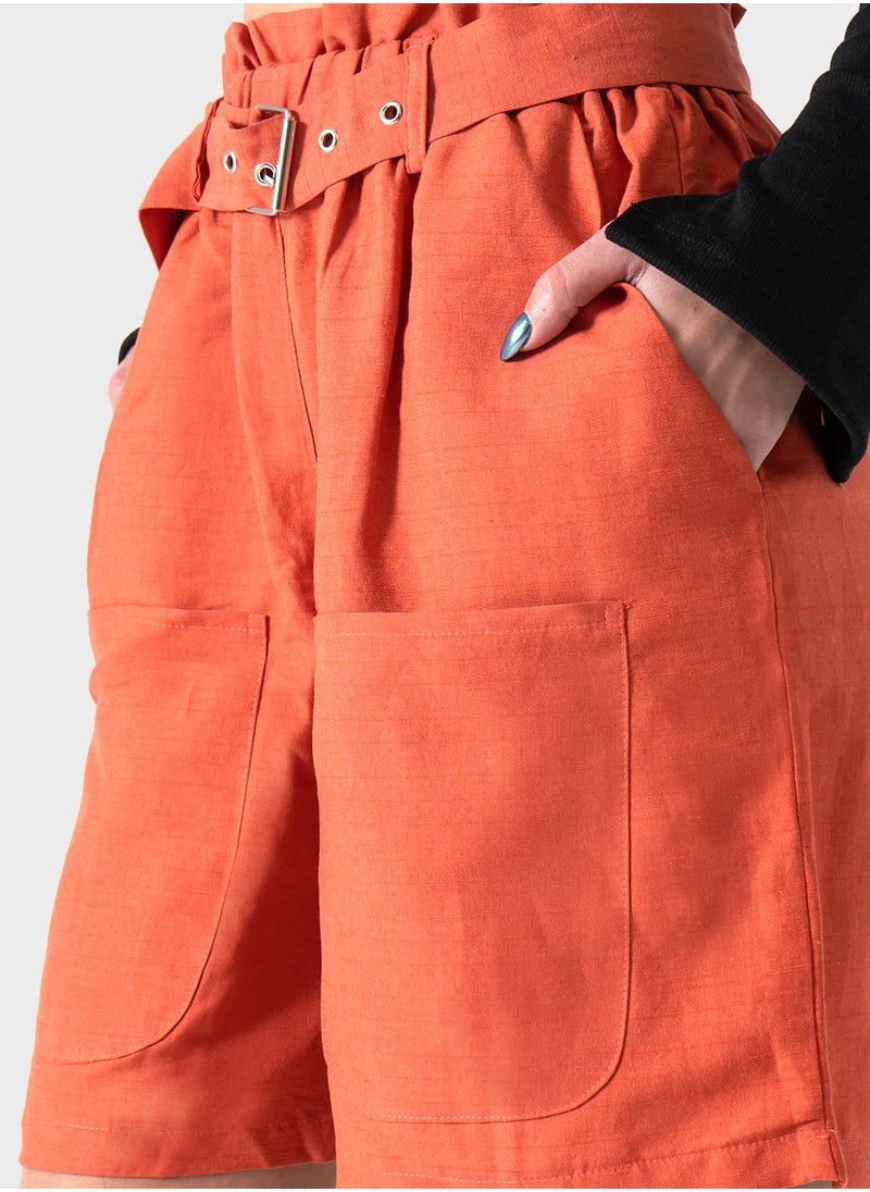 OKOYE - Burnt Orange High Waisted Linen Short - Image 1