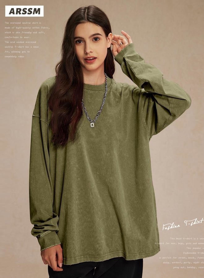 Arssm Oversized T-Shirts for Women Cotton Long Sleeve Vintage Acid Wash Baggy T Shirts, Black+khaki+army, XXL - Image 5
