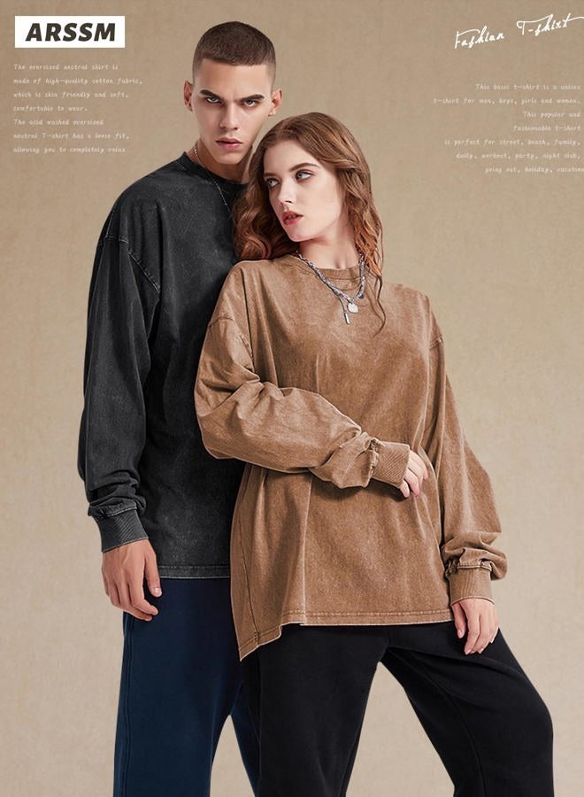 Arssm Oversized T-Shirts for Women Cotton Long Sleeve Vintage Acid Wash Baggy T Shirts, Black+khaki+army, XXL - Image 2